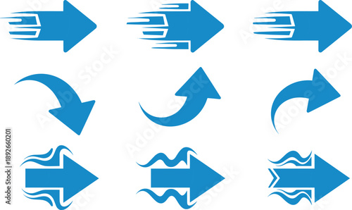 Set of nine blue arrow icons in grid layout, showcasing motion, direction, and flow for graphic design, UI, and communication visuals.