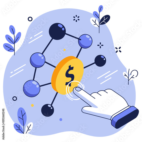 Interactive digital money network concept with hand touching cryptocurrency symbol