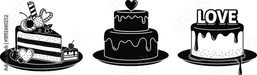 Stylized black-and-white cake illustration set featuring layered fruit slice, tiered heart cake, and LOVE topper for bakery, celebration, and design themes.