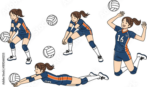 Female Volleyball Player Action Poses Set Illustration Receiving Diving and Spiking in Blue Uniform Vector