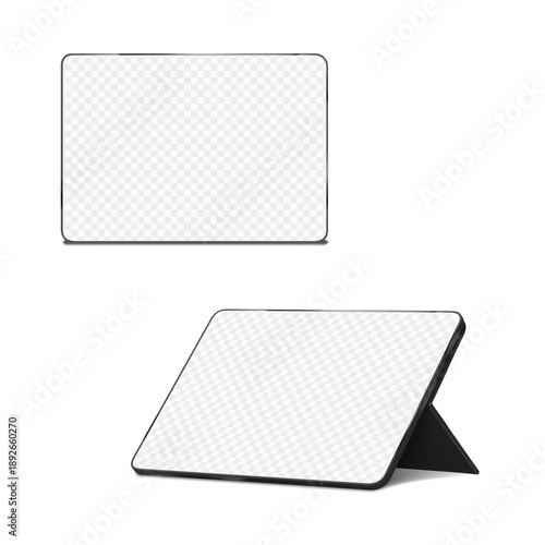Portable monitor with empty transparent screen. Realistic 3d vector mockup. Blank tabletop ipad tablet stand. Mock-up. Desktop digital display. Template for design