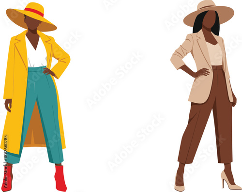Stylish fashion illustration of elegant women wearing trendy outfits, hats, and modern street style clothing design concept
