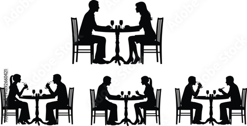 Silhouette illustration of couples and friends dining at tables, showcasing social interaction, romantic ambiance, and casual conversation in restaurant settings.