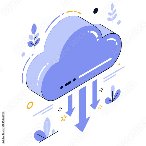 Illustrated cloud computation symbol with arrows and abstract leaves