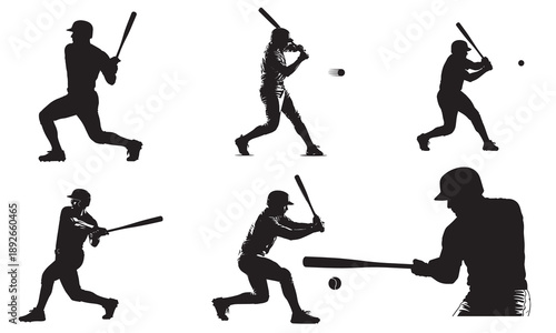 Collection of baseball player silhouettes in various batting and hitting poses.