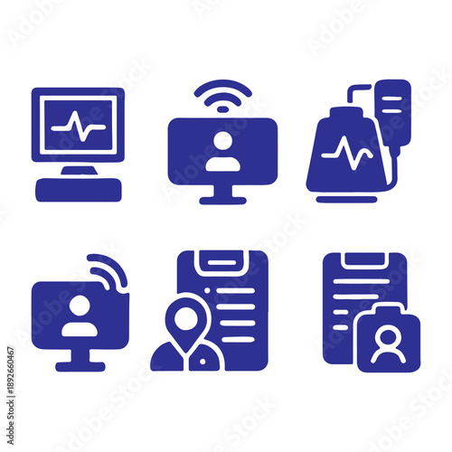 Blue Medical Icons for Telemedicine and Patient Monitoring