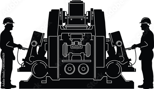 Industrial teamwork silhouette of two factory workers operating heavy machinery with precision controls, safety gear, and synchronized coordination in a manufacturing environment.