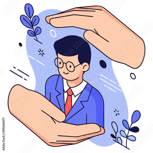 Illustration of asian male adult in blue suit with protective hands