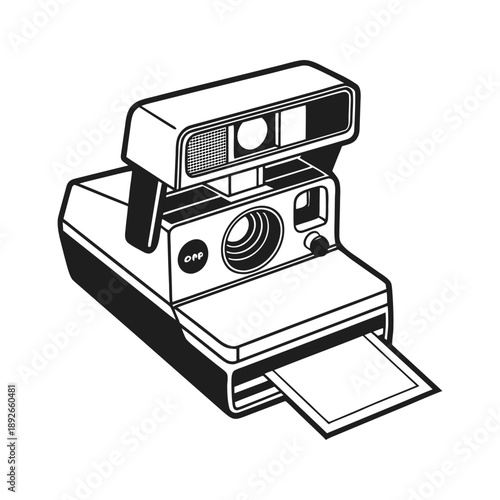 Retro instant camera line art illustration with photo