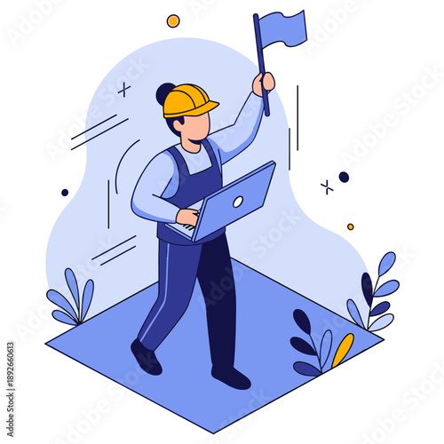 Asian female construction worker holding flag and laptop cartoon illustration