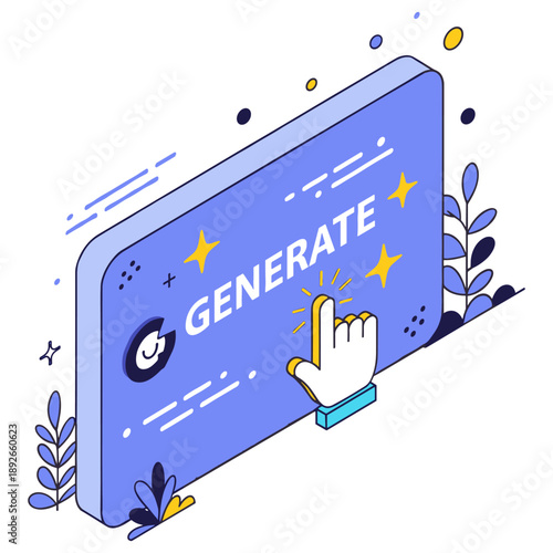 Colorful isometric button for content creation with interactive elements