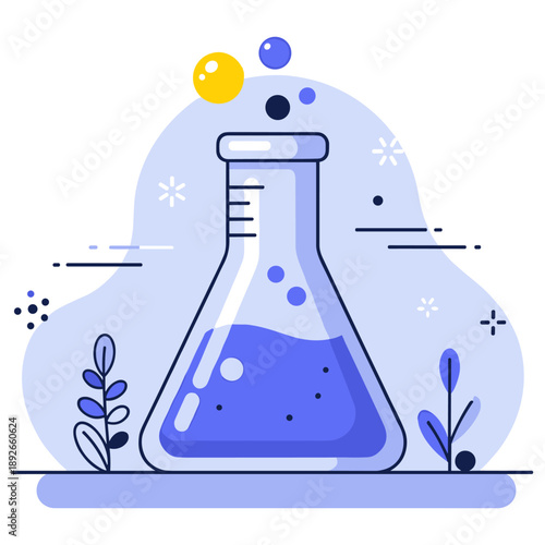 Stylized blue liquid in laboratory flask with abstract floral accents