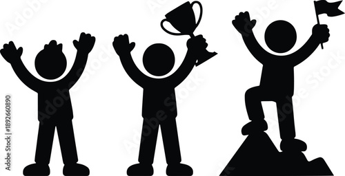 3 Human Silhouettes Celebrating Success Flat Vector Illustration