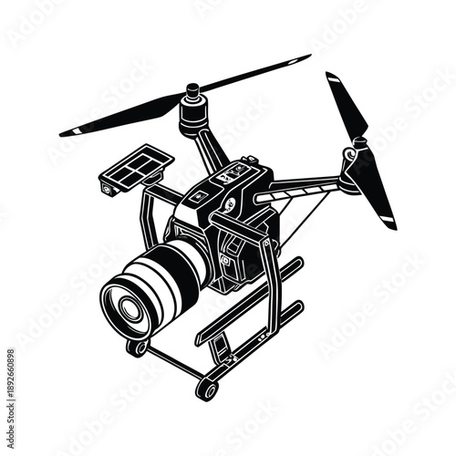 Detailed line art illustration of a professional camera drone