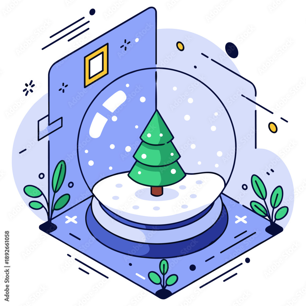 Fototapeta premium Isometric snow globe with christmas tree and decorative foliage