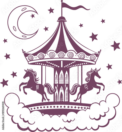 Vintage merry go round carousel with horses on clouds at night with moon and stars for circus poster