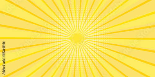Yellow abstract background with light of sunburst. yellow starburst with halftone. sun ray retro background with flash