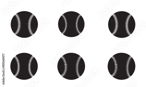 Six black baseball icons with white stitching on a white background, vector graphic.
