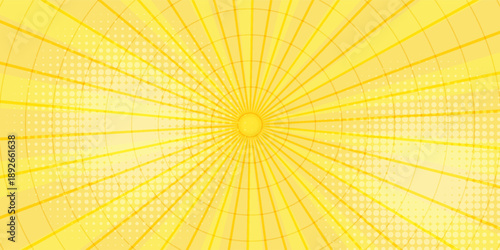 Yellow abstract background with light of sunburst. yellow starburst with halftone. sun ray retro background with flash