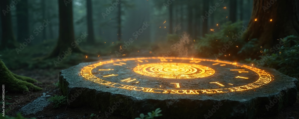 Naklejka premium Ancient stone altar with glowing magic runes in dark misty forest. Mystical symbols and energy rise from circle on ground, creating mysterious atmosphere with sparks.