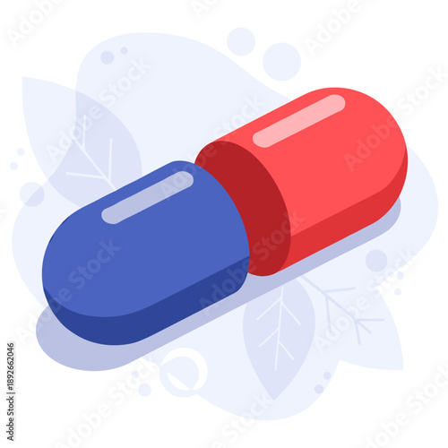 Red and blue capsule with leaf pattern background