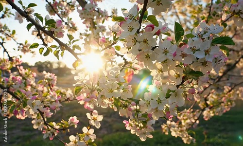 Captivating Sunlight Bursting Through Delicate Blossoms of an Apple Tree in Spring