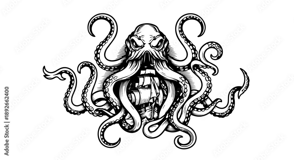 Fototapeta premium Mythical octopus enveloping a ship in a bold black-and-white illustration
