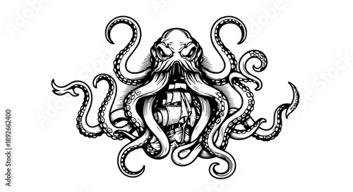 Mythical octopus enveloping a ship in a bold black-and-white illustration