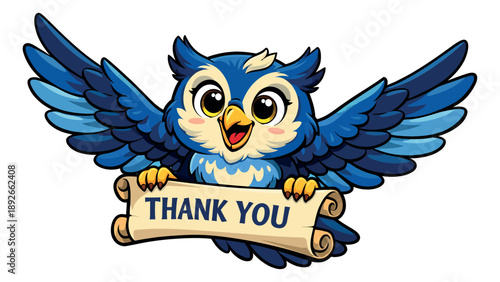 Cute cartoon illustration of an owl depicting holding a thank you banner for gratitude messages