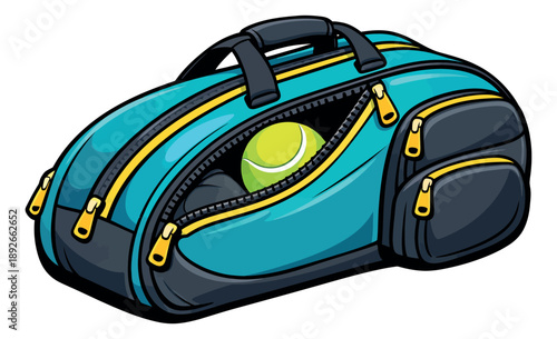 Cartoon line art illustration of a sports duffel bag depicting a tennis ball peeking out of an open zipper for athletic equipment