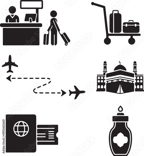 Black silhouette travel icons set featuring a vector illustration of a city sign with airplane and business people symbols for tourism design