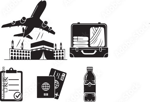 A professional set of pixel perfect transportation icons and vector illustrations featuring truck silhouettes and business symbols in a clean cartoon design
