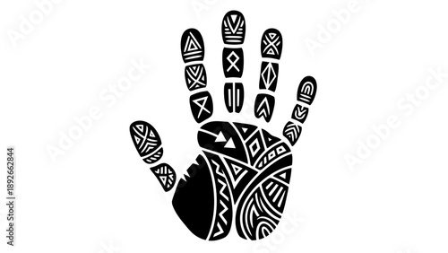 Hand with intricate tribal designs and patterns on fingers and palm.