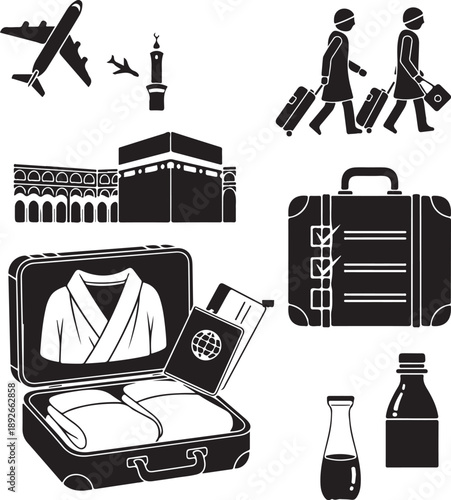 A vector illustration collection of black travel icon silhouettes featuring a car, hotel, passport, and camera for business tourism web design