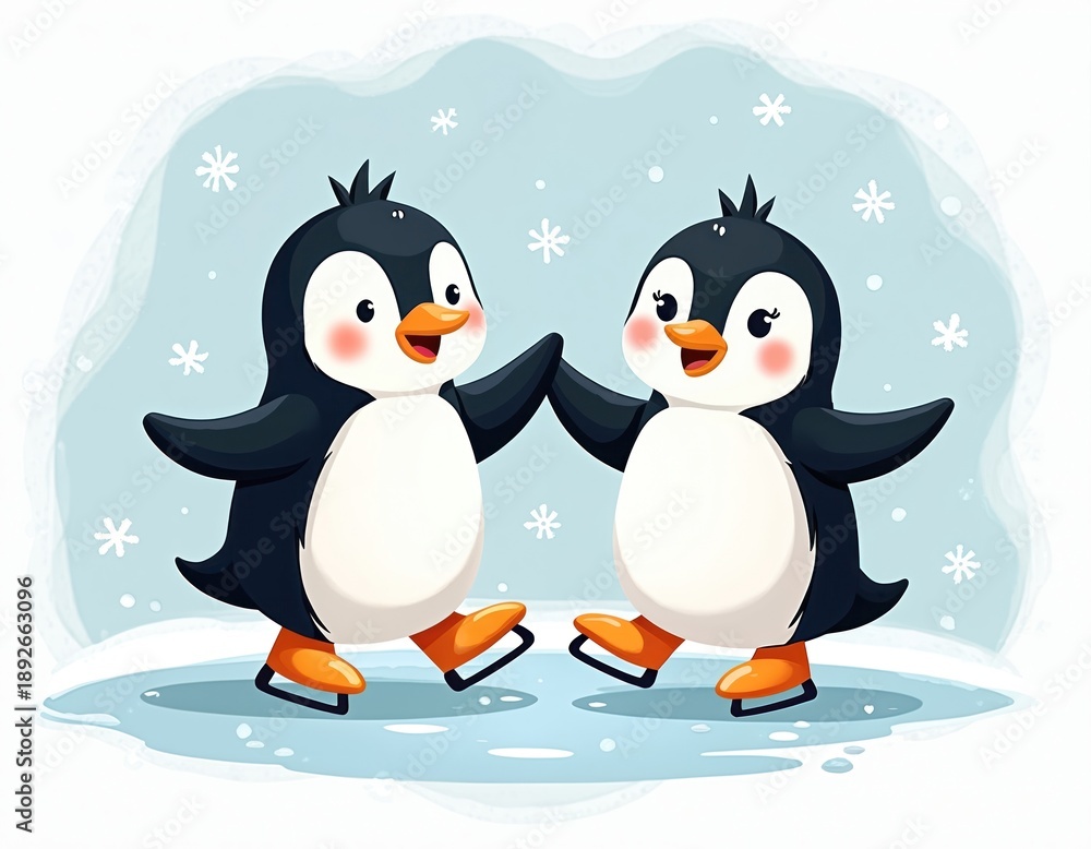 Fototapeta premium Two cute cartoon penguins ice skating together on frozen rink surrounded by snowflakes. Appear to happy friends enjoying winter day activity. Cheerful illustration evokes sense of fun, friendship.