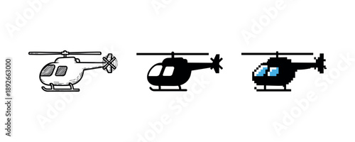 Variety of helicopter icons in outline, solid, and pixel art styles