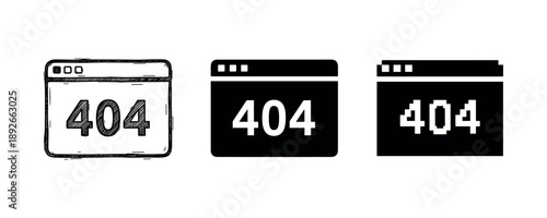 Set of three 404 error page icons in black and white
