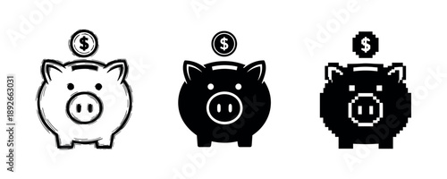 Three piggy bank designs with dollar symbols: outline, solid, and pixelated styles