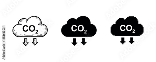 Co2 emission symbols in hand-drawn, solid, and pixel art styles