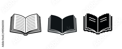 Three book icons: detailed, solid, pixelated designs in black and white