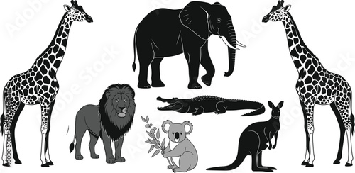 Set of Wild Animal Silhouettes Vector Illustration Featuring Giraffe Elephant Lion Crocodile Koala and Kangaroo Isolated on White