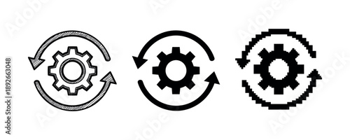 Three gear icons with arrows: sketched, solid, pixel art styles