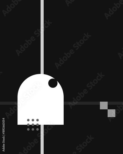 Bold Black and White Abstract Composition Featuring Geometric Arch, Lines, and Dot Elements