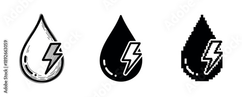 Lightning bolt inside teardrop icons: three styles including pixel art