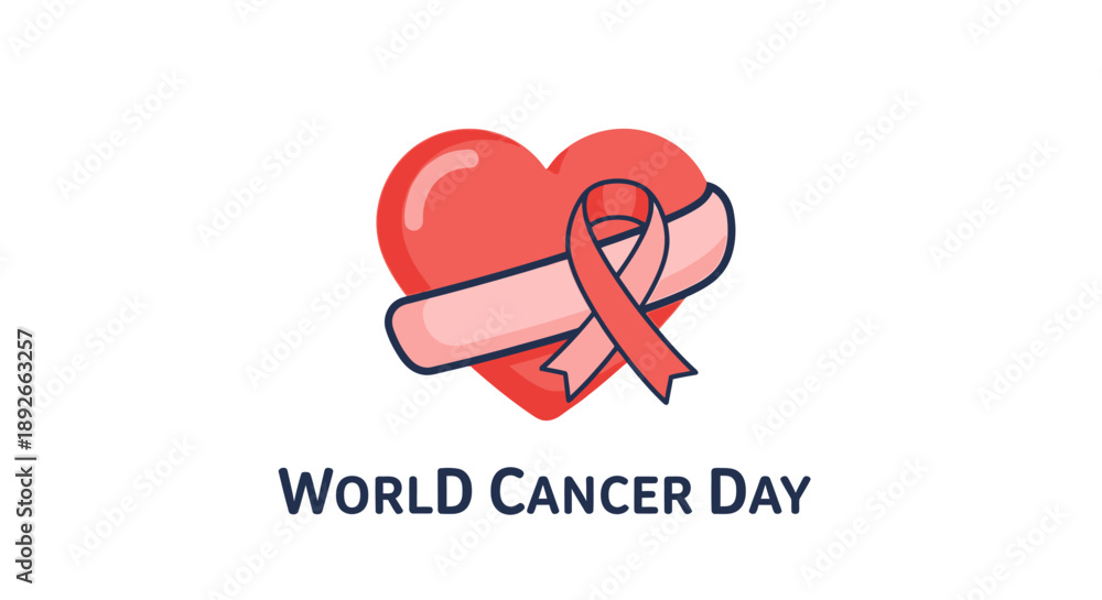Obraz premium Illustration of World Cancer Day symbol with red ribbon wrapped around a heart, signifying awareness and support for cancer research and patients globally