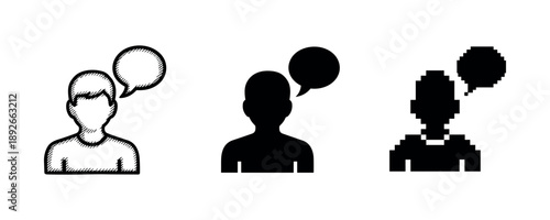 Male silhouettes with speech bubbles in sketch, solid, and pixel styles