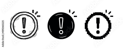 Three exclamation mark icons in various artistic styles on white background