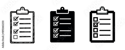 Set of three clipboards with checklists in black and white