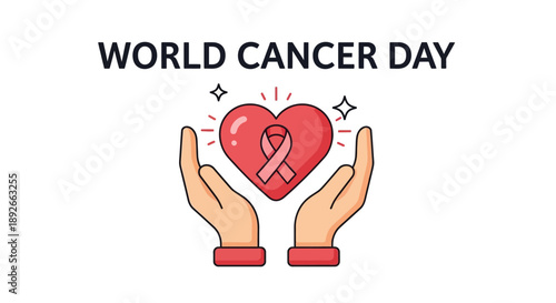 Hands holding a red heart with a ribbon, symbolizing support on World Cancer Day, vector illustration