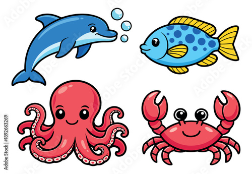 Cute cartoon sea creatures set featuring a dolphin, fish, octopus, and crab for children's design and ocean education